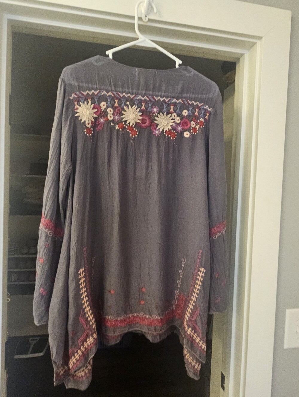 Johnny Was Gray Sheer Floral Embroidered Tunic-Medium - Picture 3 of 10